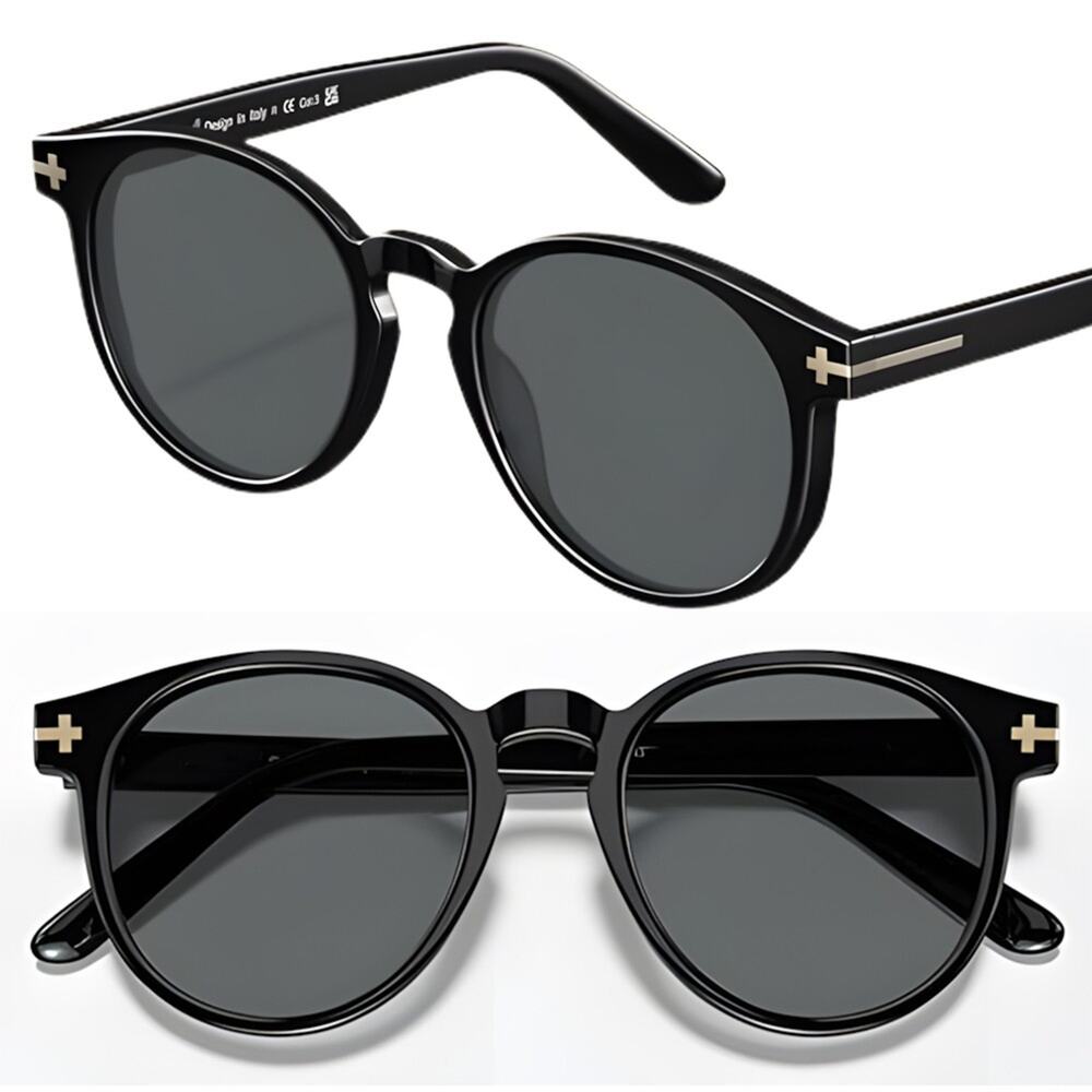 Black Frame Gray Lens Round Polarized Sunglasses Vintage Style Cross Detail